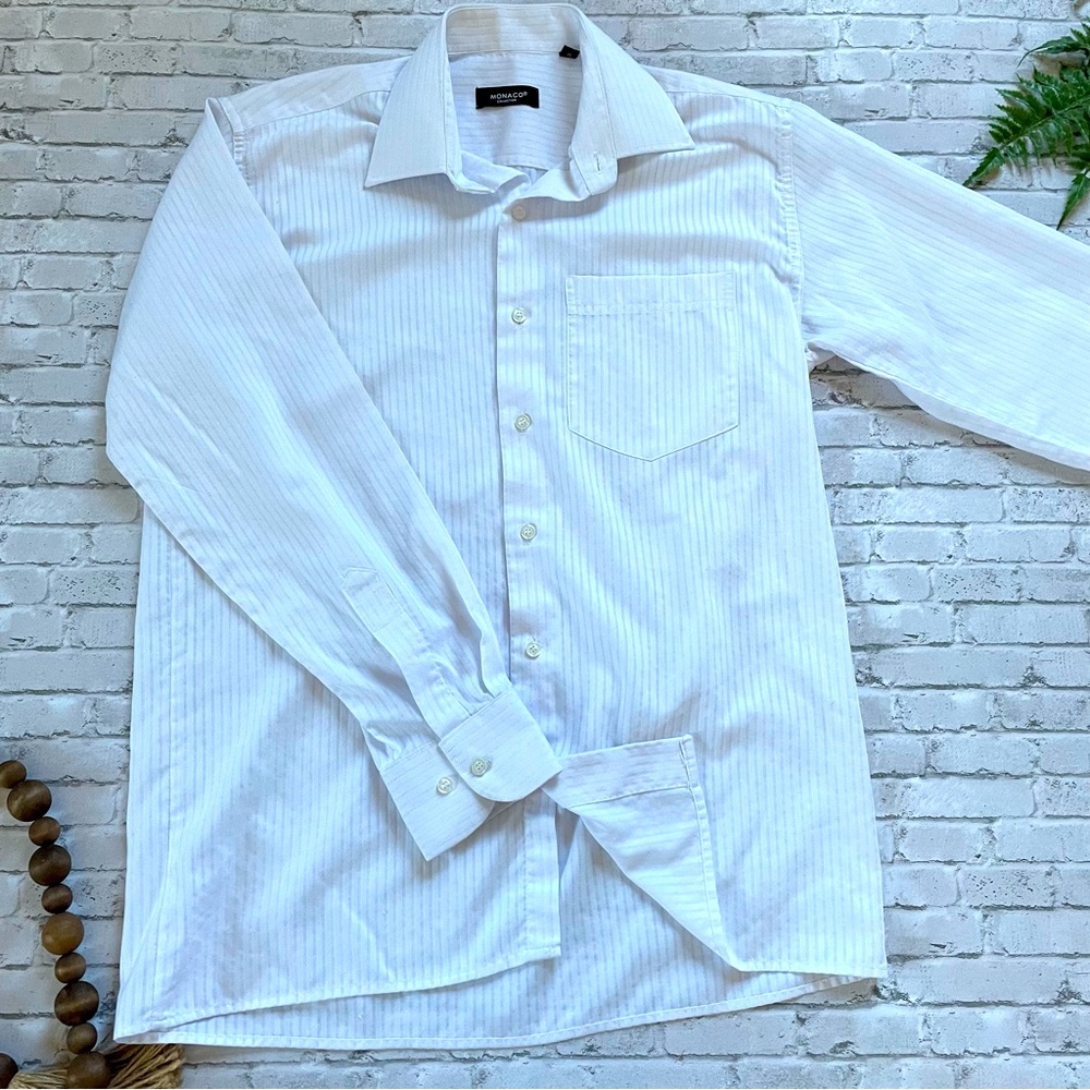 Monaco Collection Men’s White Stripe Button Up Dress Shirt Sz Medium Work Casual